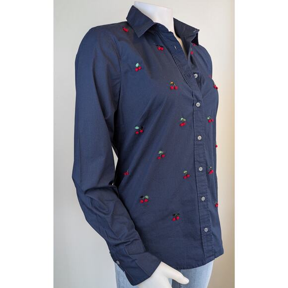 J Crew Womens Button Down Shirt 8 Slim Navy Red 3D Cherry Pom Pom Embroidery - Picture 3 of 10